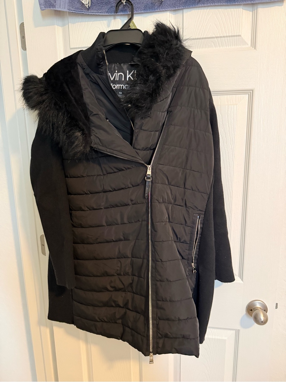 Calvin Klein Black Quilted Puffer Coat with Faux Fur Trim
